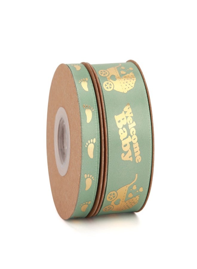 Meseey 2 Rolls Total 20 Yards Welcome Baby Ribbon Sage Green and Gold Foot Print Ribbons for Crafts Cake Baby Shower Birthday,Gift Wrapping, Party Decoration (sage Green) - Image 2